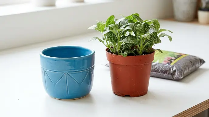 Cachepot method using a plastic nursery pot inside a decorative ceramic pot without drainage.