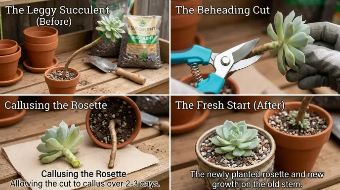 Step-by-step beheading process for a leggy succulent: cutting the rosette, letting it callus, and replanting to grow a new compact plant