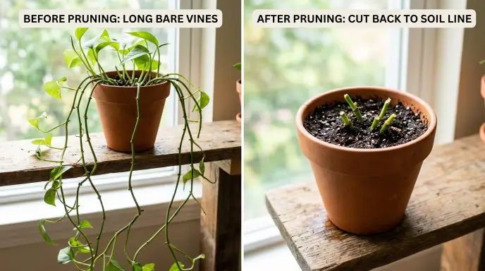 Before and after pruning a leggy pothos — long bare vines cut back to 4-6 inches above the soil to encourage fuller new growth