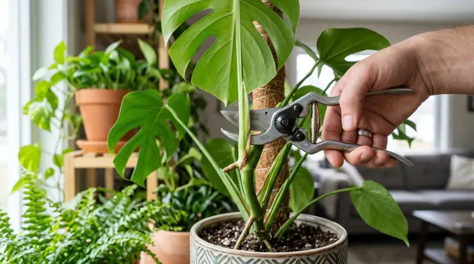 Pruning shears cutting a leggy plant stem just above a node