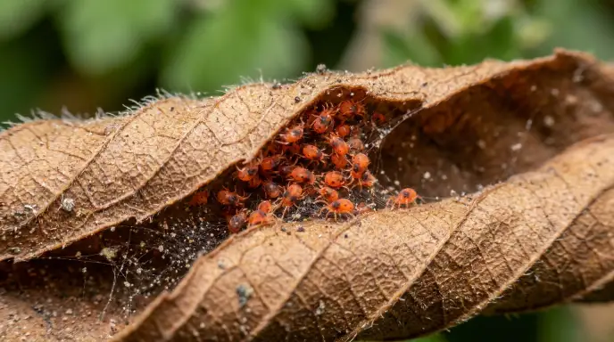 Close-up photo of dormant spider mites in diapause, showing bright orange-red adult females clustered tightly together in a protective leaf stem crevice during winter dormancy