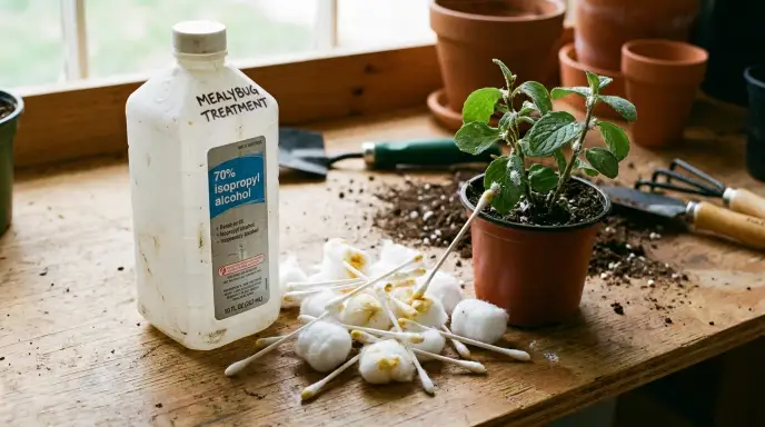 A bottle of 70% isopropyl alcohol and a pile of cotton swabs and balls, used for spot-treating mealybugs.