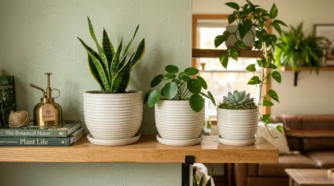 Yesland ceramic plant pots with saucer and ribbed design for shelf displays
