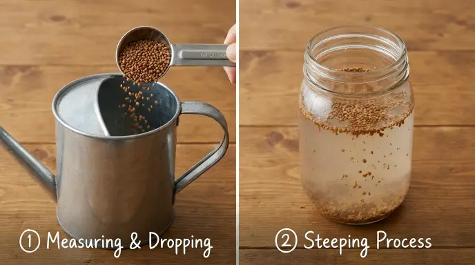 Steeping Mosquito Bits (BTI) in water to create a drench for killing fungus gnat larvae in houseplant soil.