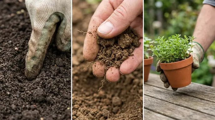 Three methods for checking soil moisture before watering: inserting a finger to the second knuckle, rolling soil to see if it crumbles, and lifting the pot to feel the weight difference for fungus gnat prevention.