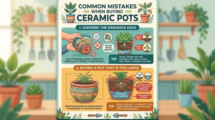 Common mistakes when buying ceramic pots including no drainage hole and potting too large