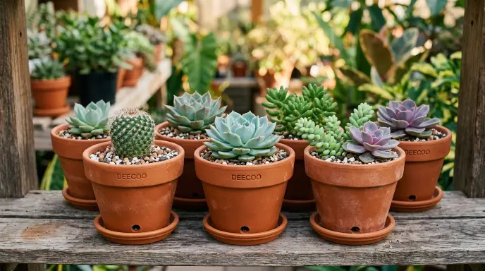 DeeCoo red clay ceramic pots for succulents and cacti with drainage holes.