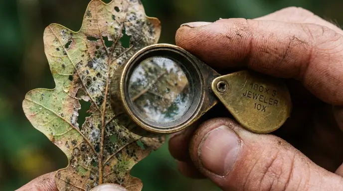 A gardener using a 10x hand lens to diagnose spider mites and thrips on the underside of a houseplant leaf.