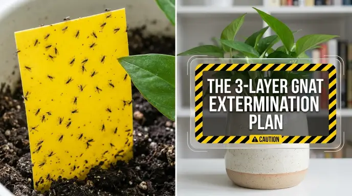 Close-up of a yellow sticky trap completely covered with adult fungus gnats, showing a severe indoor plant pest infestation.