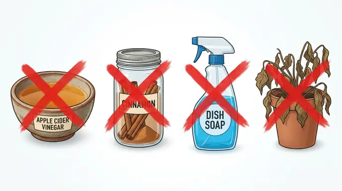 Graphic busting common fungus gnat myths with red X marks over ineffective remedies including apple cider vinegar traps, cinnamon on soil, dish soap sprays, and letting plants completely dry out.