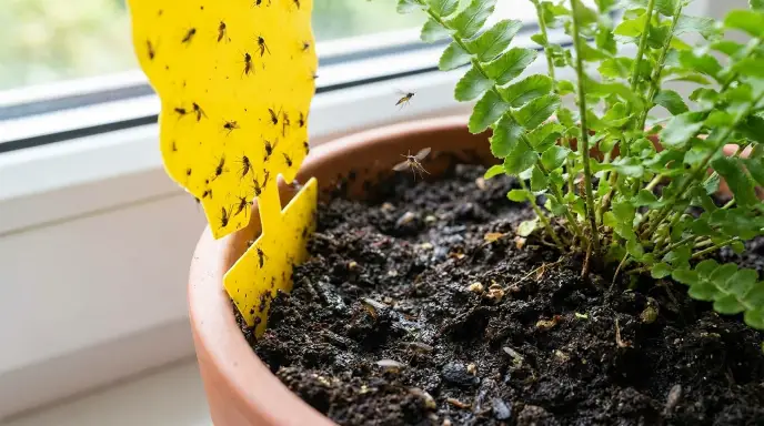 Fungus gnat adults near moist houseplant soil with a yellow sticky trap