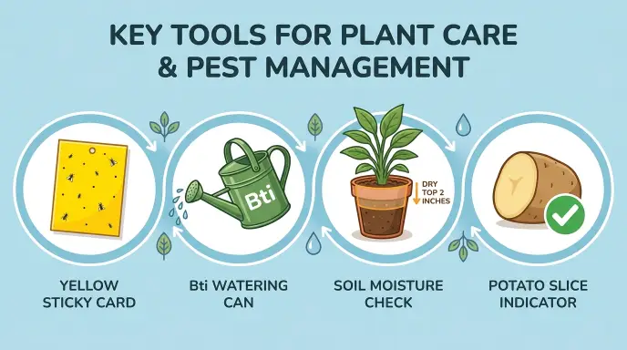 Summary survival kit for eliminating fungus gnats featuring yellow sticky traps for adults, Bti drench for larvae, drying the top two inches of soil for eggs, and the potato slice test for verification.