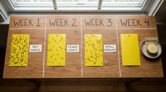 Four-week recovery timeline for fungus gnat treatment showing heavy catches in week one, fewer adults in week two, a small rebound in week three, and a clean sticky trap with a clear potato slice in week four.