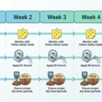 Four-week timeline graphic showing the three-layer treatment (sticky traps, Bti drench, and drying soil) running simultaneously for three to four weeks, which is the full fungus gnat life cycle duration.