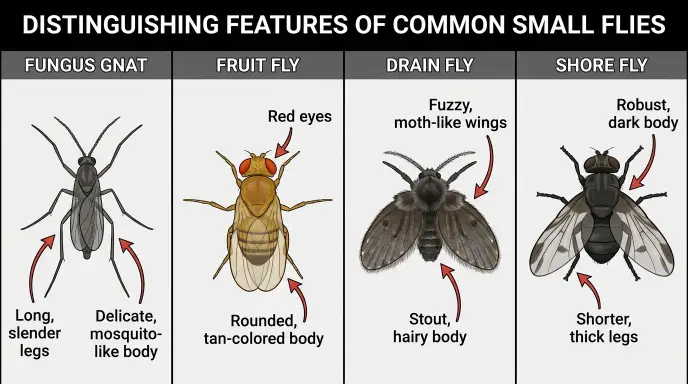 Comparison chart identifying fungus gnats versus fruit flies, drain flies, and shore flies with arrows highlighting body shape and leg differences for accurate pest identification.