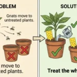 Illustration showing adult fungus gnats flying between plant pots, with a red X over treating only one pot and a green checkmark over treating every plant in the room simultaneously to prevent months-long infestations.