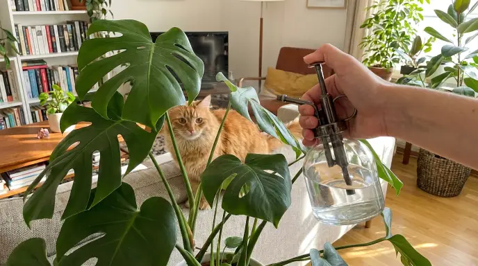 Cat beside a houseplant, illustrating why pyrethroid insecticides should be avoided in homes with cats.
