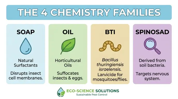 Infographic showing the four main houseplant pest control active ingredients: insecticidal soap, horticultural oil, BTI for fungus gnats, and spinosad for thrips.