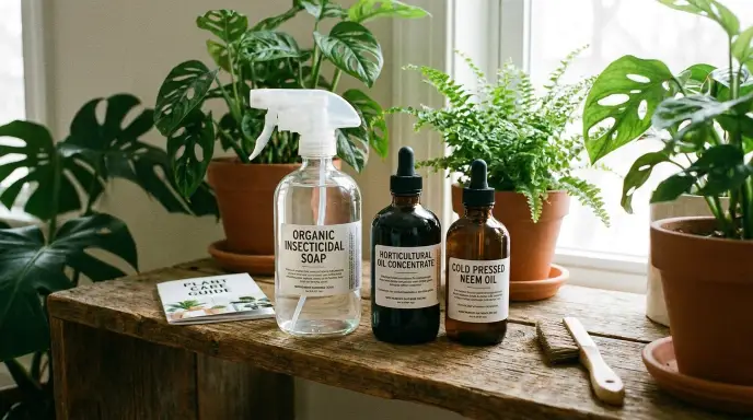 A collection of common houseplant pest control products including a spray bottle of insecticidal soap, horticultural oil, and neem oil.