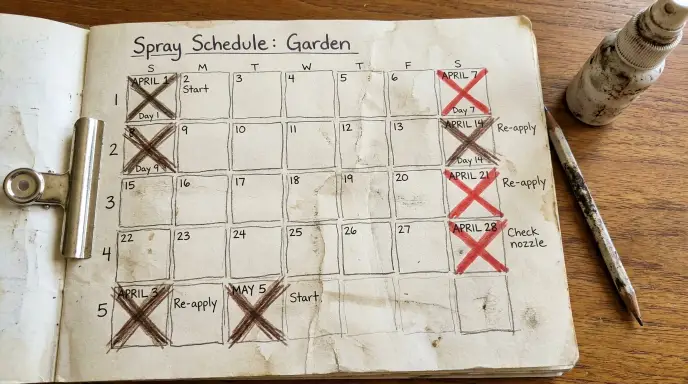 A printed calendar showing the 5-to-7 day reapplication schedule required to break the lifecycle of thrips and spider mites on houseplants.