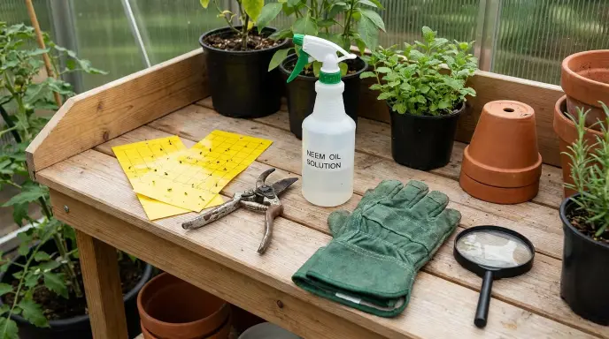 Sticky traps, pruning shears, spray bottle, gloves, and magnifying glass for plant pest control