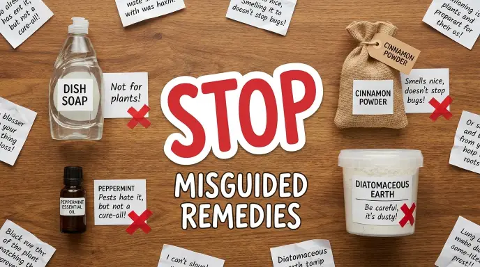 Common ineffective houseplant pest remedies including dish soap, peppermint oil, cinnamon, and diatomaceous earth, which extension services advise against.