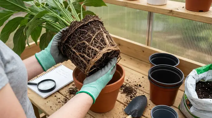 Houseplant removed from its pot to inspect roots for pests, rot, and soil problems