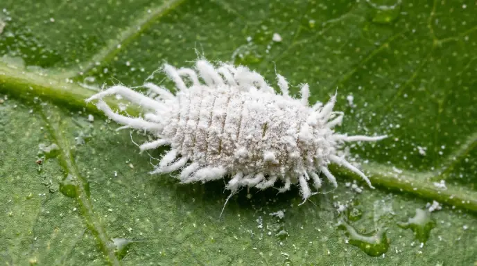 Close-up of a single adult citrus mealybug on a green leaf, showing its white, cottony, waxy coating.