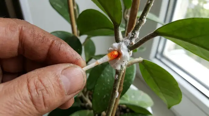 A person's hand holding a cotton swab against a white, fuzzy mass on a plant stem, demonstrating the test for mealybugs.