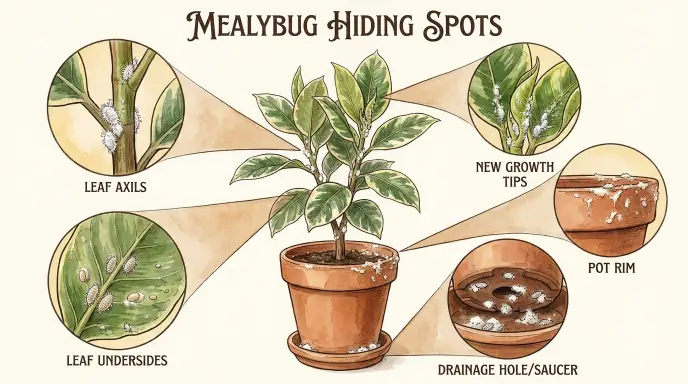 An illustration showing the five key hiding spots for mealybugs on a houseplant: leaf axils, new growth tips, leaf undersides, the pot rim, and the drainage hole/saucer.