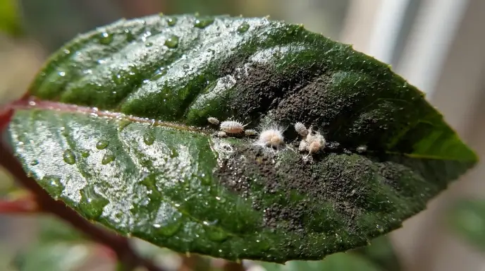 A close-up of a glossy, sticky plant leaf (honeydew) with a small patch of dark sooty mold, a common side-effect of mealybug feeding.