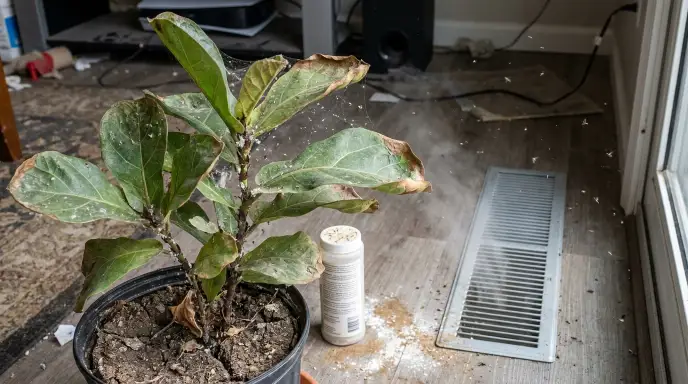 An infested houseplant sitting near an HVAC vent, illustrating a common issue where airflow can dry out treatments and spread pests.