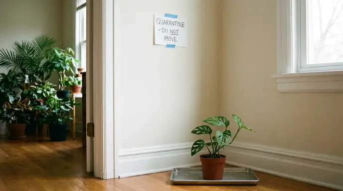 A new houseplant sitting in an isolated corner on a tray, demonstrating the practice of quarantining new plants away from an existing collection.