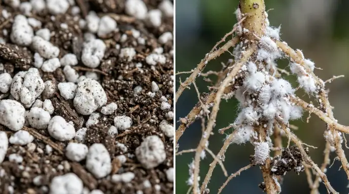 A side-by-side comparison showing hard, white perlite particles in soil on one side, and soft, powdery, white root mealybug clusters on a plant root on the other side.