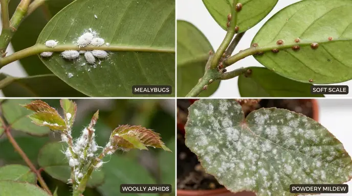 A visual comparison of four common houseplant issues: cottony mealybugs, smooth soft scale, fluffy woolly aphids, and flat, dusty powdery mildew on leaves.