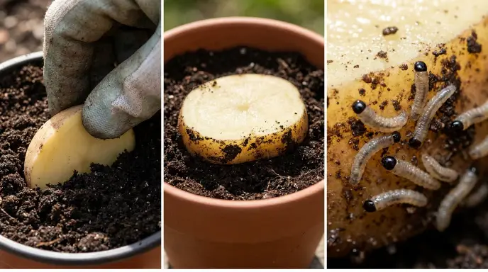 Three-step guide to the potato slice test for fungus gnat larvae: placing a raw potato slice on soil, lifting it after three days, and a magnified view of translucent larvae with black heads on the underside.