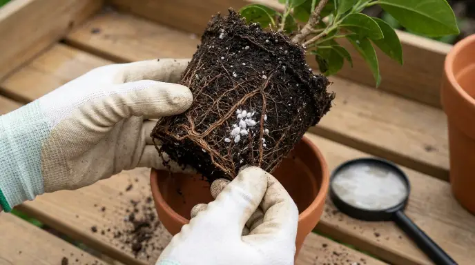 A person's hands gently breaking apart a plant's root ball to inspect it for white, cottony root mealybugs hidden against the soil and pot wall.