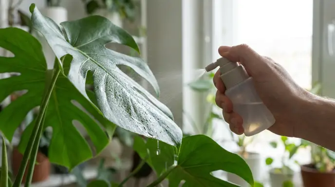 Spraying insecticidal soap onto the underside of a houseplant leaf, where most pests hide.