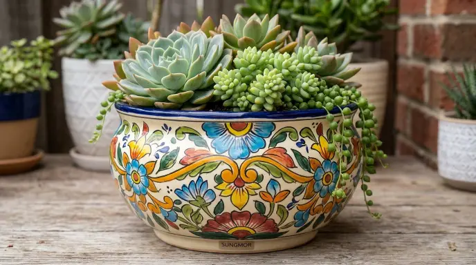 Sungmor 9.6 inch hand-painted ceramic planter with floral pattern for large succulents