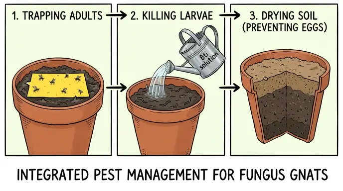 Flowchart illustrating the three-layer method for eliminating fungus gnats: trapping adults with yellow sticky cards, killing larvae with Bti soil drench, and drying the top two inches of soil to prevent eggs.